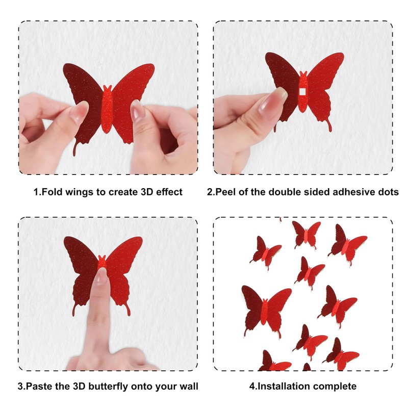 Glitter 3D Butterfly Wall Stickers (36 pcs)– Red Sparkle Butterfly
