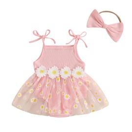 Newborn Baby Girl Cute Outfit Sleeveless Flower Print Tulle Patchwork Romper Dress with Bowknot Hairband (Pink, 0-3 Months)