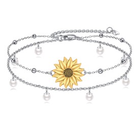 YAFEINI Sunflower Anklet 925 Sterling Silver Flower Bar Sunflowers Jewellery Jewels Jewellery Gifts for Women Girls, Sterling Silver, No gemstone