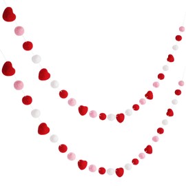 2 Pieces Valentine's Day Felt Garlands Colorful Ball and Heart Hanging Garland Felt Pom Pom Ball Heart Banners for Party Home Decoration (Classic Colors Set)