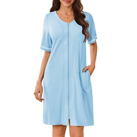 Ekouaer Women Zipper Robes Short Sleeves Housecoat Lightweight Bathrobes Zip Up Robe Casual Nightgown with Pockets Light Blue,X-Large