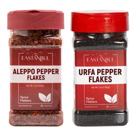 Aleppo Pepper and Urfa Pepper, Aleppo Flakes 5.3oz + Urfa Biber 5.6oz, Pul Biber and Isot for Mediterranean & Middle Eastern Dishes, Chili Flakes & Isot Blackish Twin Gift Pack, Spice Buddies