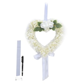 Heart Shaped Tribute Memorial Wreath Artificial Silk Wreath Gravestone Decoration with Pen(White )