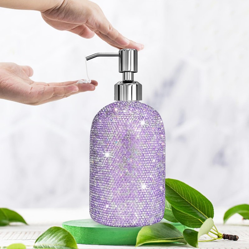 SlowVibes 18Oz Bling Purple Glass Soap Dispenser With Rust Proof