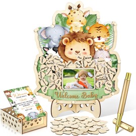 Wenqik 63 Pcs Safari Animal Baby Shower Guest Book Alternatives Set Baby Shower Decorations with Photo Frame Sonogram Frame Keepsake 60 Wood Slices Guest Book for Birthday