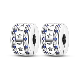 Parmuz Clip Spacer Charm for Bracelet 925 Sterling Silver Pave Cubic Zirconia Clip Lock Spacer Stopper Charm Bead Star Moon Evil Eye charms Jewelry Gift for Woman