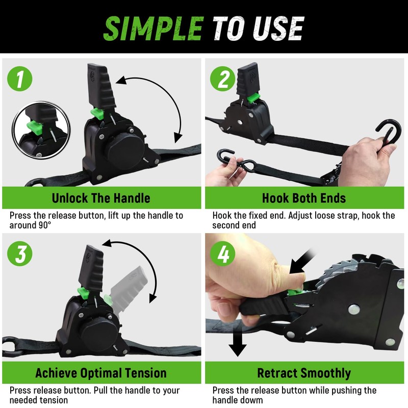 Retractable Ratchet Straps(4 Pack) - 1in x 10ft Self Retracting