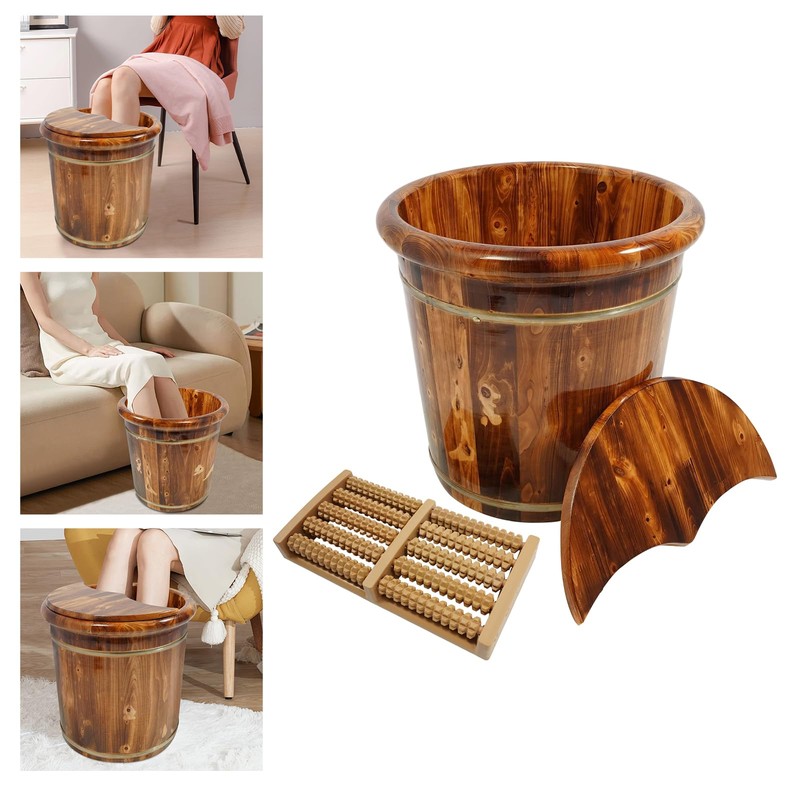 Wooden Foot Bath Tub with Massage Rollers & Lid -