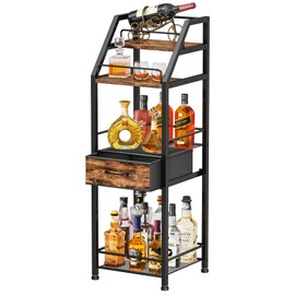 HapiRm Wine Rack Freestanding Floor - 4-Tier Stepped Liquor Cabinet Bar Stand for Home with Fabric Drawer, Wine & Glass Organizer for Living Room, Kitchen, or Dining Room