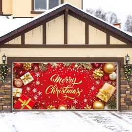 Qtencas Christmas Double Garage Door Banner, Large Merry Christmas Garage Door Decorations, 7x16 ft Holiday Christmas Banner for Garage Door, Wall Photo Background for Indoor Outdoor Decorations, Red