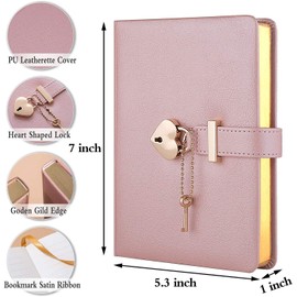 Poshieca Heart Shaped Lock Diary with Key PU Leather Cover Journal Personal Organizers Secret Notebook for Girls & Women B6 Size 5.3x7inch (Pink Diary With Name Print)