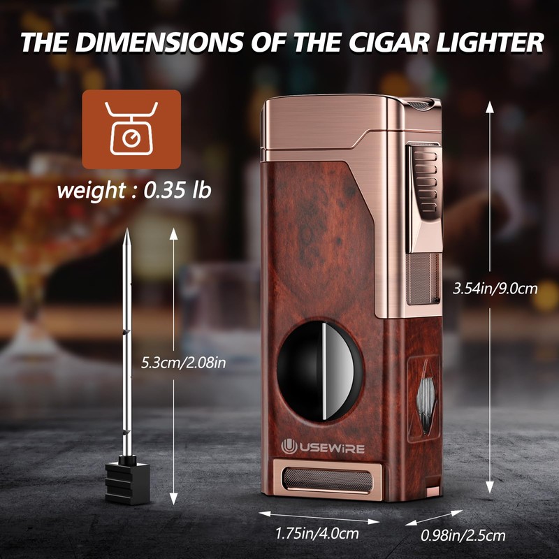 USEWIRE Cigar Lighter, Multifunctional Lighter with V-Cigar Cutter, Cigar Holder,