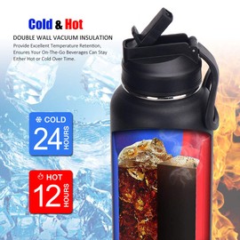 FARI Sports Water Bottle with Straw & Spout Lids – 660ml/960ml/1200ml, Double Wall Vacuum Insulated Stainless Steel with Wide Mouth to Keep Beverages Cold or Hot (960ml, Black)