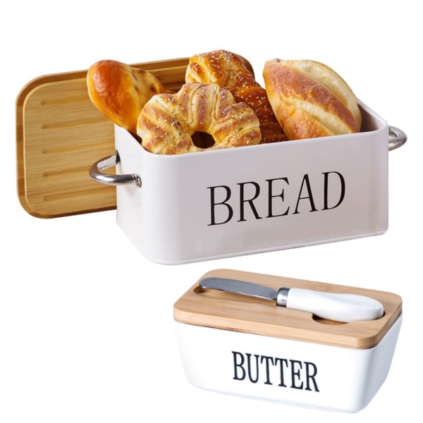 2 Pcs Bread Box and Butter Dish with Bamboo Lid,
