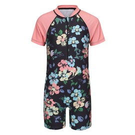 Girls Short Sleeve Rash Guard One Piece Swimsuits Zipper Front Bathing Suit Sun Protection Black Mix Floral 5T