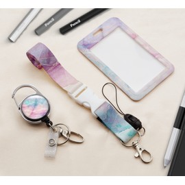 ID Badge Holder with Lanyard, Retractable ID Badge Card Holders, Removable Neck Lanyard Strap with Badge Reel and Vertical ID Holder for Nurse Students (Marbled 6)