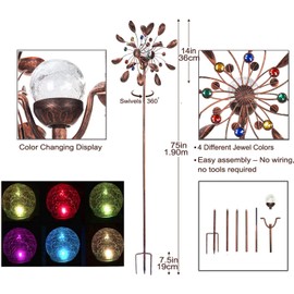 HDNICEZM Solar Wind Spinner Multi-Color LED Lighting by Solar Powered Glass Ball with Kinetic Wind Aculptures Dual Direction Decorative Lawn Ornament Wind Mill.