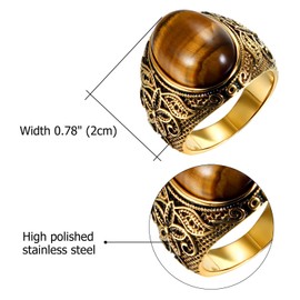 OIDEA Men's Vintage Tiger's Eye Ring: Retro Signet Ring with Stone Gold Silver Men's Ring Charm Stainless Steel Band Ring Jewellery Gift for Men Size 54 to 70, Stainless Steel, Artificial Tiger Eye