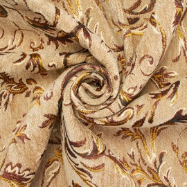 Jacquard Floral Scroll Metallic Chenille 57" Heavyweight Upholstery Jacquard Fabric - Tan / Gold, 5 Yards