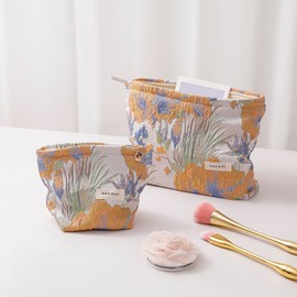 getgto 2 Pcs Makeup Bags, Large Cosmetic Bag Travel Toiletry Bag Organizer for Women, Embroidery Craft, Floral Makeup Bag Small Cosmetic Pouch Purse with Zipper, Gifts for Girls Teen, Vintage flower