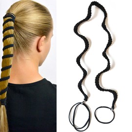 Black Rip Hair Ties for Long Thick Curly Hair, 27" Elastic Spiral Ponytail Holders Braided Pony Tails Wrap Hair Tie for Women Girls Stretchy Hair Bands for Swimming Beach Workout Bike GYM- Single