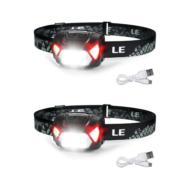 Headlight, Rechargeable USB High Brightness LED Headlamp, Set of 2, (Switching between Light Collecting and Scattering, 300 Lumens Brightness, 4-30 Hours, IPX4 Waterproof), Equipped with Red Sub Light, Ideal for Night Fishing, Mountain Climbing, Camping,