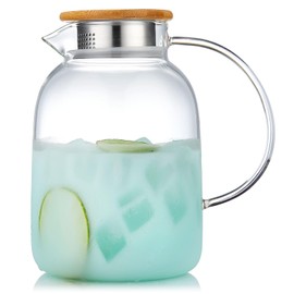 Glass Pitcher with Handle and Lid, Unbreakable 68 fl oz Glass Jar with Lid, Heat Resistant Borosilicate Carafe for Tea, Juice, Milk, Cold Hot Beverages, Stovetop Safe