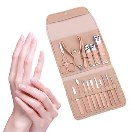 16-Piece Manicure Set, Stainless Steel, Professional Nail Clippers Kit, Pedicure Kit, with Luxury Leather Travel Bag for Travel, Rose Gold
