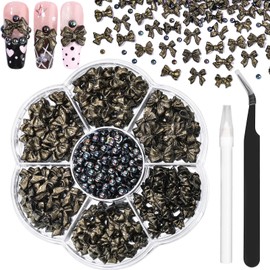 Kikonoke 420PCS Bow Nail Charms Kit with Half Pearls, 3D Acrylic Nail Gems Rhinestones, Pickup Tools for Nail Art Design, DIY Crafts, Valentine Gifts (Gold Glitter Black)
