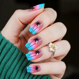 NGMATY Summer Press on Nails Medium Square Tropical Style Fake Nails With Sunset Beach Coconut Tree Designs Reusable Artificial Nails Full Cover Glossy Stick on Nails for Women (Breezy Coconut Palms)