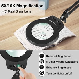 10X 5X Magnifying Glass Light Stand Swing Arm Desktop Lamp Desk Table Close Work Up for Crafting, Reading, Sewing, Model Assembly, Soldering, Ultra Flexible 3-Section Design for Large Workbench