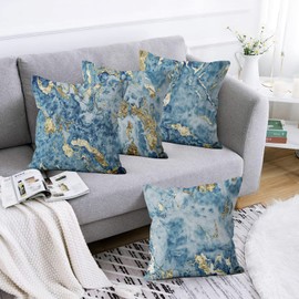Marble Cushion Covers 40 x 40 cm Set of 4, Hnmdmyi Blue Gold Abstract Marble Texture Ink Decorative Throw Pillow Covers Modern Luxury Art Linen Pillowcases for Sofa Couch Bed Garden Outdoor Home Decor
