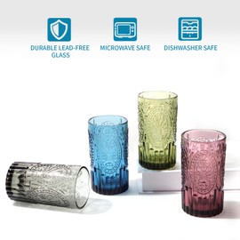 MDLUU Multicolor Water Glasses, Embossed Drinking Tumblers, Retro Highball Glassware for Juice, Beverages, Cocktail, Set of 4