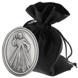 LUNEXUS Plakette Barmherziger Jesus - gesegnet - Ovaler Magnet mit Klebepad – Metallprägung 3,6 cm - Schutzsymbol für Auto & Zuhause - Geschenk mit Samtbeutel - Katholische Weihe bestätigt