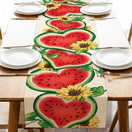 Seliem Summer Watermelon Table Runner, Love Heart Melon Fruit Sunflower Kitchen Dining Table Decor, Seasonal Burlap Home Decoration Indoor Outdoor Party Supply 13 x 72 Inch