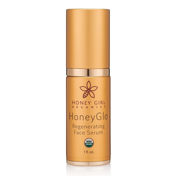 Honey Girl Organics HoneyGlo Regenerating Face Serum, USDA Certified Organic Facial Serum for Women Softens and Moisturizes Skin with Enriched Beehive Ingredients, Vitamin C and Extra Virgin Olive Oil (1 oz)