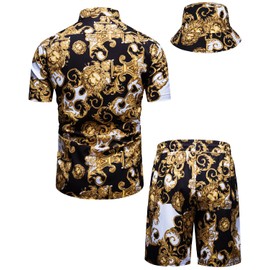 fohemr Outfit Men's Baroque 2-Piece Golden Chain Pattern Shirt Shorts with Bucket Hat Leisure Suit Summer Holiday Beach Set