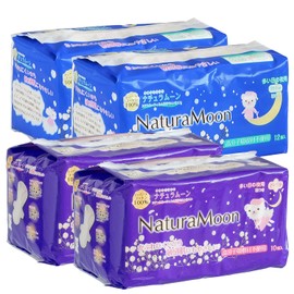 NaturaMoon Sanitary Napkins, Nighttime x 4 Pack Set (2 Packs for Many Nights, Wingless, 2 Packs with Feathers)