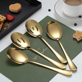 Kyraton Gold Serving Spoons Set of 4, Includes 2 Serving Spoons and 2 Slotted Spoons, Stainless Steel Serveware, Serving Set of 4