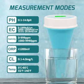 6-in-1 Digital Floating Water Monitor with Bluetooth | Real-Time pH, EC, ORP, Chlorine, Salinity & Temperature Testing | 1000 Data Records, Waterproof IP67, Easy Calibration, 24-Hour Monitoring