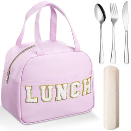 Sanwuta Lunch Box for Women Insulated Lunch Bag with Stainless Steel Utensils Set Leather Preppy Lunch Box Reusable Cute Lunch Bag Leakproof with Chenille Letters for Girls School Office Work (Purple)