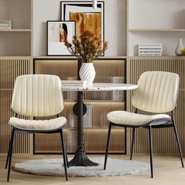 VICBARLEY Dining Chair Set of 2 Modern Kitchen Chairs with Walnut Back and Metal Legs, Upholstered Leather Chair for Living Room, White