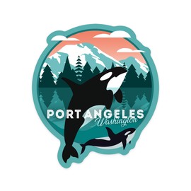 Die Cut Sticker Port Angeles, Washington, Orca Whale and Calf, Vector, Contour Vinyl Sticker 3 to 6 inches, (Waterproof Decal for Cars, Water Bottles, Laptops, Coolers), Large