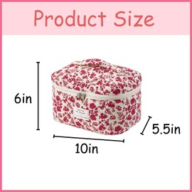 uekeboag Large Travel Quilted Makeup Bag for Women, Floral Cotton Cosmetic Bag, Coquette Aesthetic Floral Toiletry Organizer Bag(Hot pink