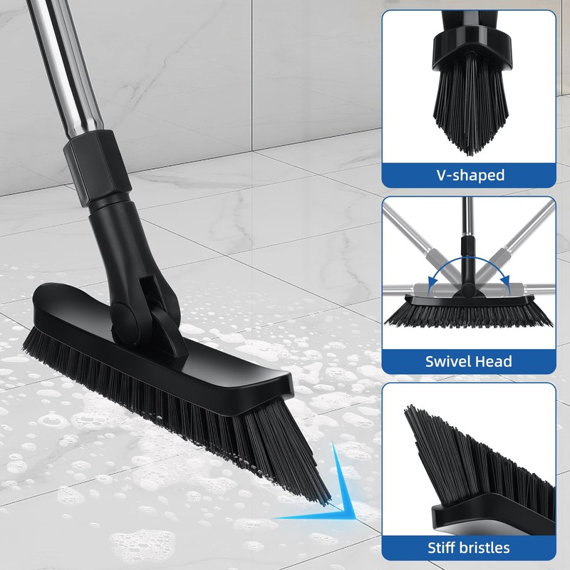 Qaestfy Grout Brush with Long Handle for Cleaning, Stiff Bristles