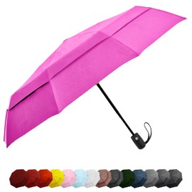 Windproof Travel Umbrellas for Rain - Lightweight, Strong, Compact with & Easy Auto Open/Close Button for Single Hand Use - Double Vented Canopy for Men & Women - Pink