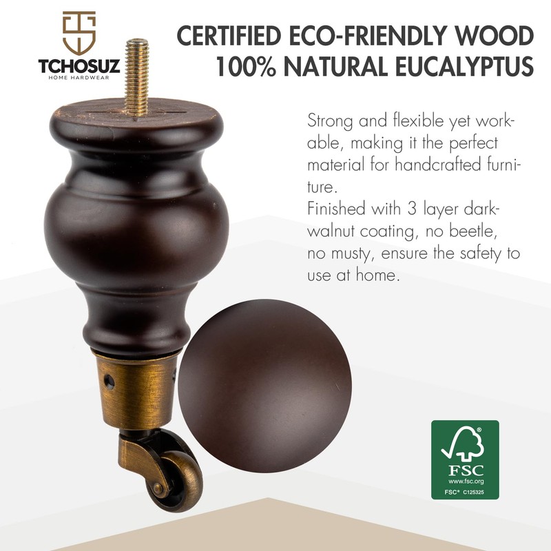 TCHOSUZ 6 inch / 16cm Wooden Furniture Legs with Casters