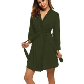 HOTOUCH Women Sleep Robe Shawl Collar Wrap 3/4 Sleeve Bathrobe Sleepwear with Belt Sleepwear Army Green S