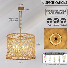 Wellmet Rustic Pendant Light, Boho Farmhouse Twine Pendant Light, Gold Rustic Chandelier for Dining Room, Living Room, Bedroom, Kitchen Island, 20''W