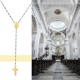Flongo Rosary Women's Necklace with Holy Virgin Mary Mother of God Jesus Cross Crucifix Pendant Ball Chain, Stainless Steel, Turquoise